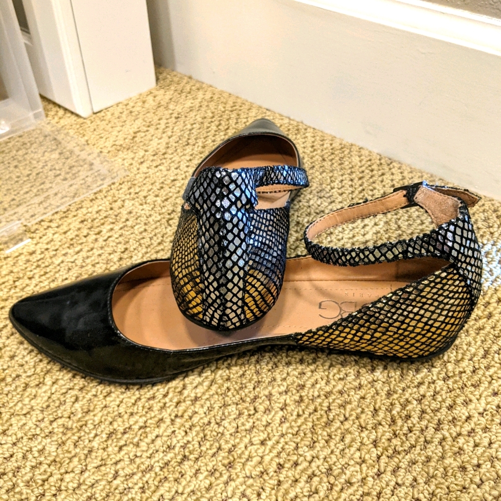 BCBG ankle strap metallic detail patent flats